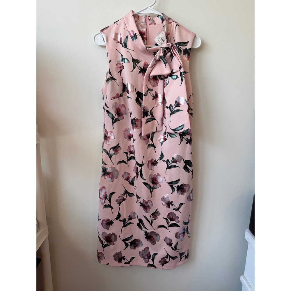 Shelby & Palmer Pink Metallic Floral Bow Neck Sheath Dress Size 12 NWT